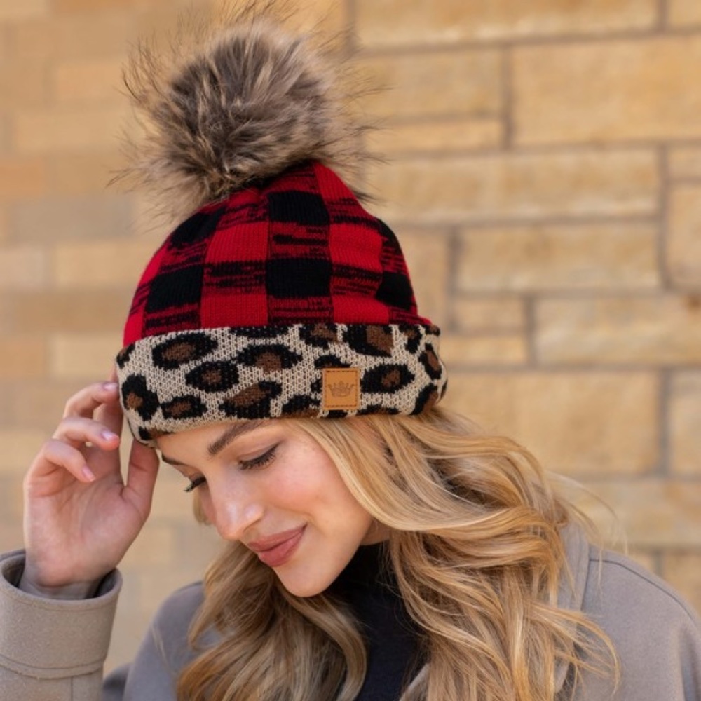 SOLD OUT Leopard Red Buffalo Check Faux Fur Pom Beanie - Picture 1 of 6